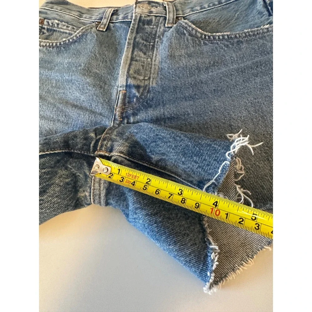 AGOLDE Parker Long High Rise Denim Jean Shorts in Medium Wash Blue | Size 25